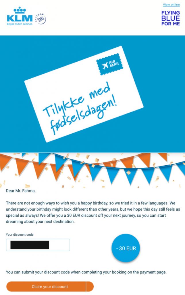 Kupon Diskon dari KLM Hadiah Ulang Tahun
