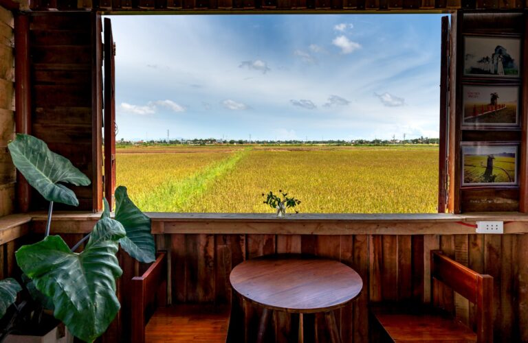view of a cropland from an opened window in a wooden hut